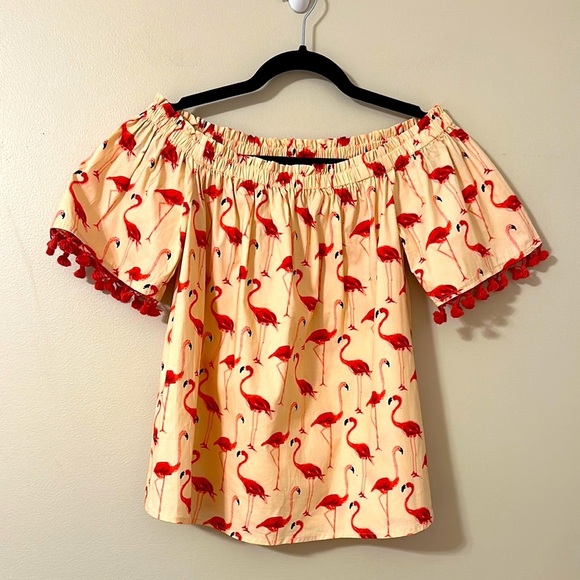 Jade Womens Cream & Red Flamingo Cotton Top Fringe Trim Sz Small Preppy Coastal - Picture 1 of 8